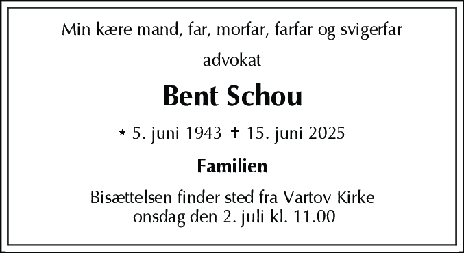Dødsannonce for Bent Schou