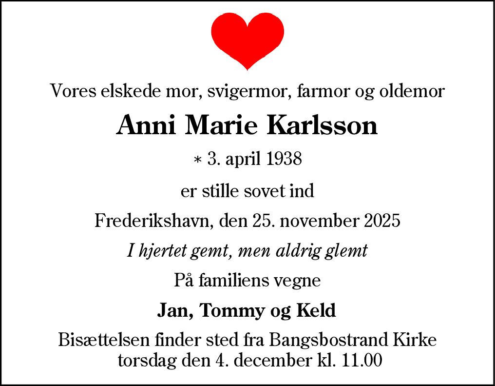 Dødsannonce for Anni Marie Karlsson