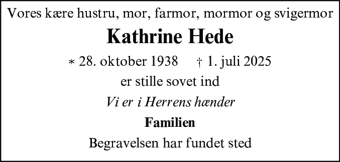Dødsannonce for Kathrine Hede