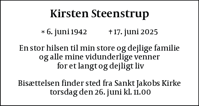 Dødsannonce for Kirsten Steenstrup