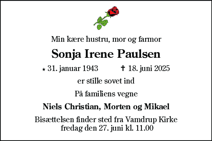 Dødsannonce for Sonja Irene Paulsen