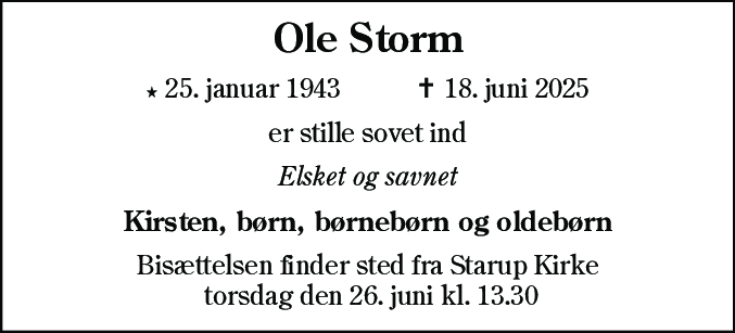 Dødsannonce for Ole Storm