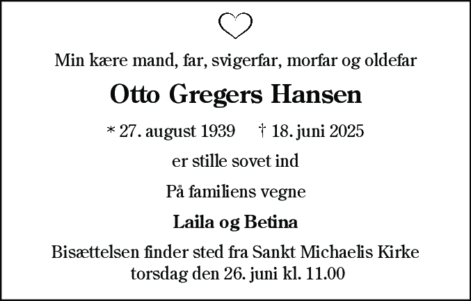 Dødsannonce for Otto Gregers Hansen