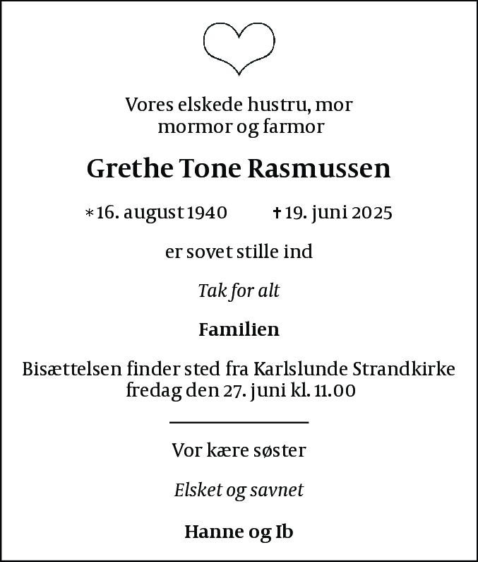 Dødsannonce for Grethe Tone Rasmussen