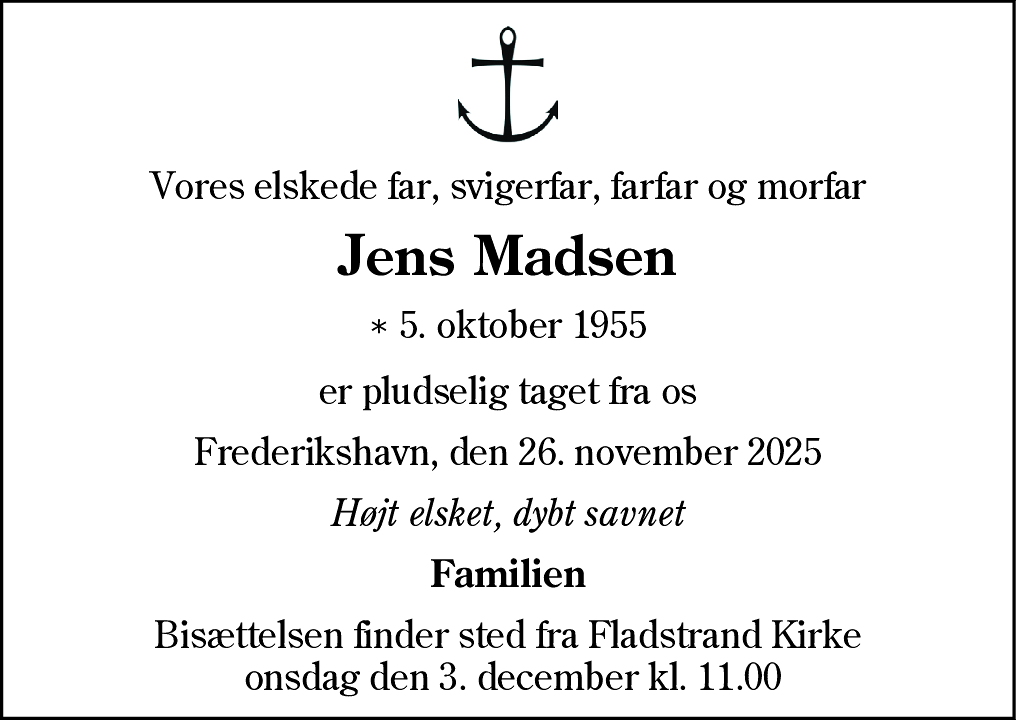 Dødsannonce for Jens Madsen