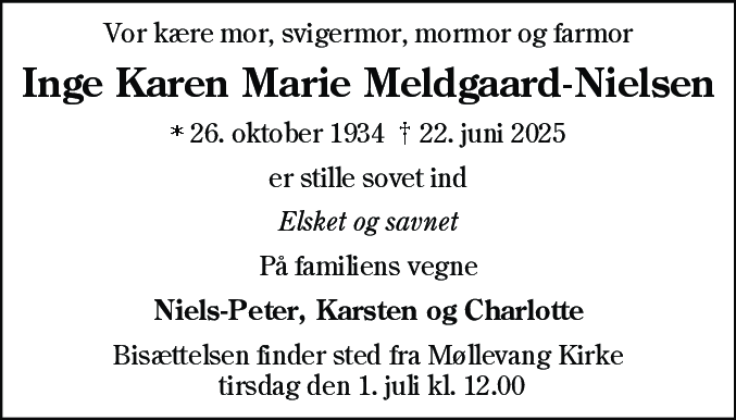 Dødsannonce for Inge Karen Marie Meldgaard-Nielsen