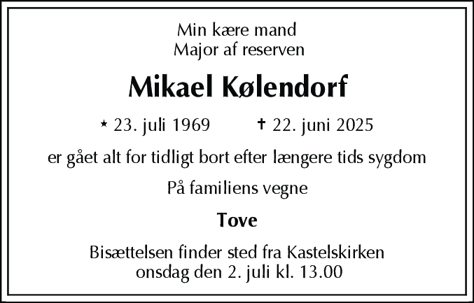 Dødsannonce for Mikael Kølendorf