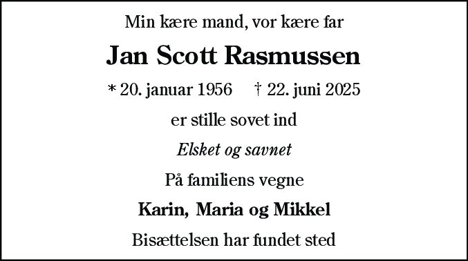 Dødsannonce for Jan Scott Rasmussen