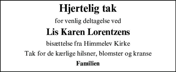 Dødsannonce for Lis Karen Lorentzen