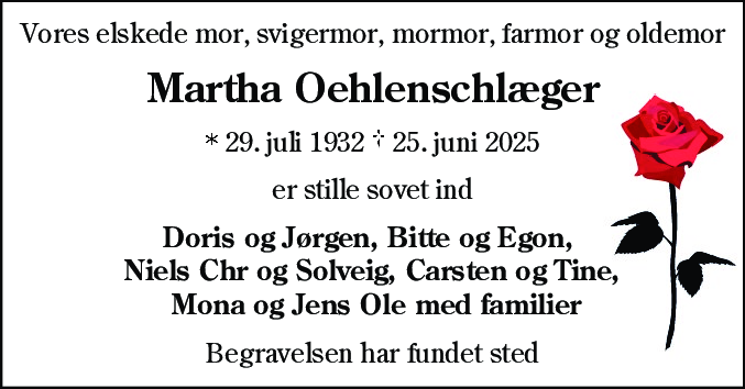 Dødsannonce for Martha Oehlenschlæger