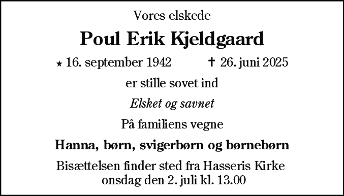 Dødsannonce for Poul Erik Kjeldgaard