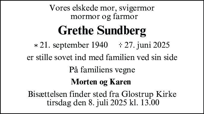 Dødsannonce for Grethe Sundberg