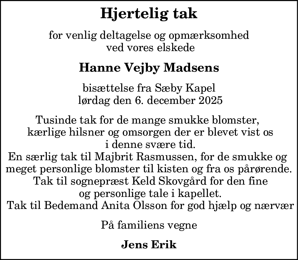 Dødsannonce for Hanne Vejby Madsen