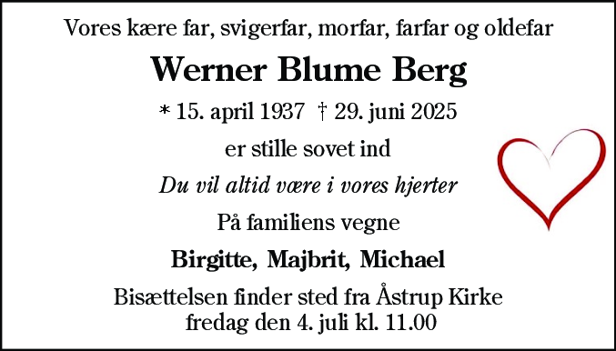 Dødsannonce for Werner Blume Berg