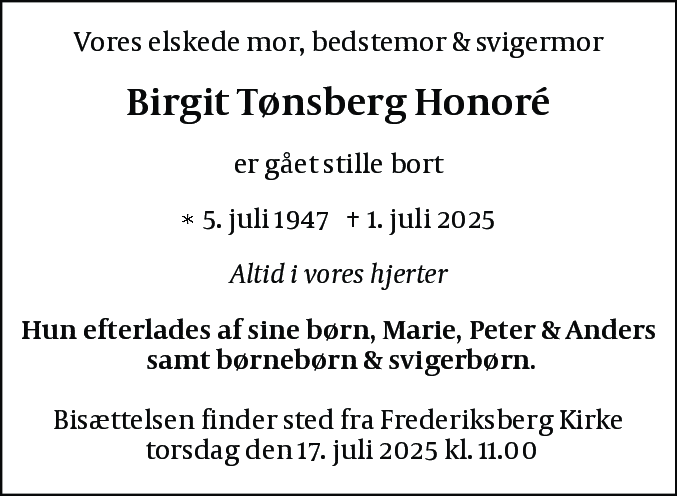 Dødsannonce for Birgit Tønsberg Honoré