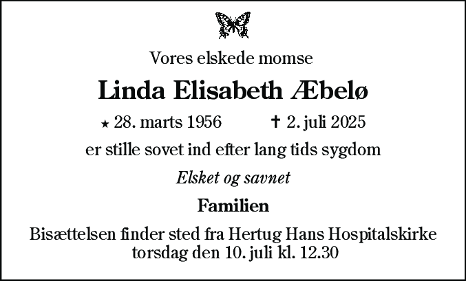 Dødsannonce for Linda Elisabeth Æbelø