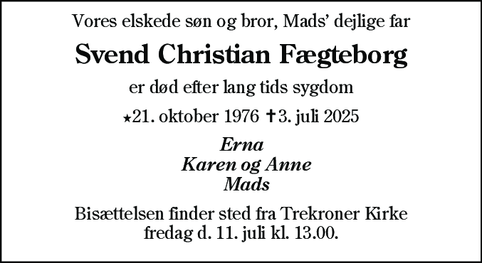 Dødsannonce for Svend Christian Fægteborg