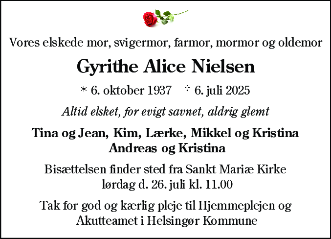 Dødsannonce for Gyrithe Alice Nielsen