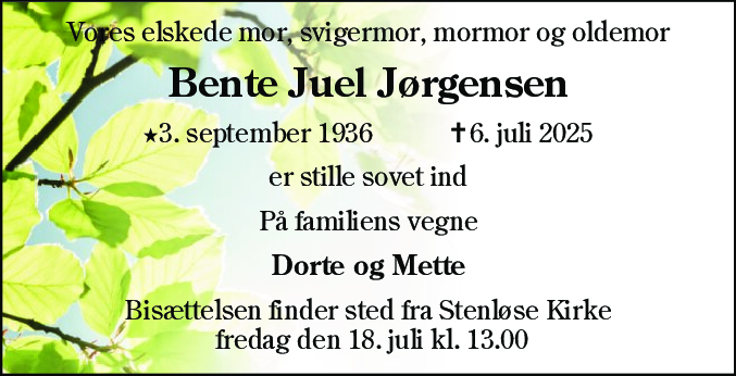 Dødsannonce for Bente Tove Juel Jørgensen