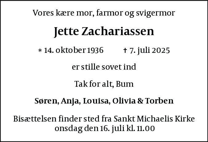Dødsannonce for Jette Zachariassen