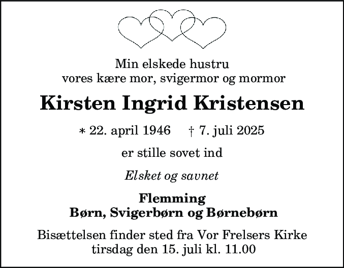 Dødsannonce for Kirsten Ingrid Kristensen