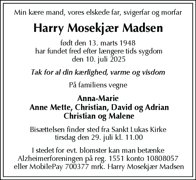 Dødsannonce for Harry Mosekjær Madsen