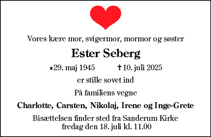 Dødsannonce for Ester Seberg