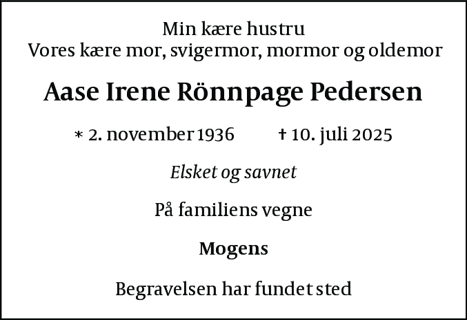 Dødsannonce for Aase Irene Rønnpage Pedersen