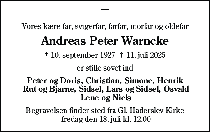 Dødsannonce for Andreas Peter Warncke