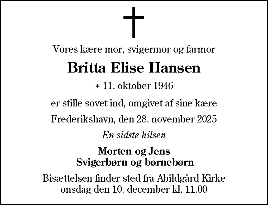 Dødsannonce for Brita Elise Hansen