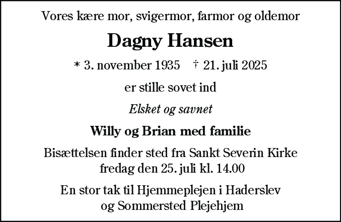 Dødsannonce for Dagny Hansen
