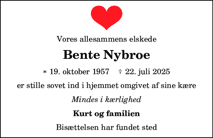 Dødsannonce for Bente Nybroe
