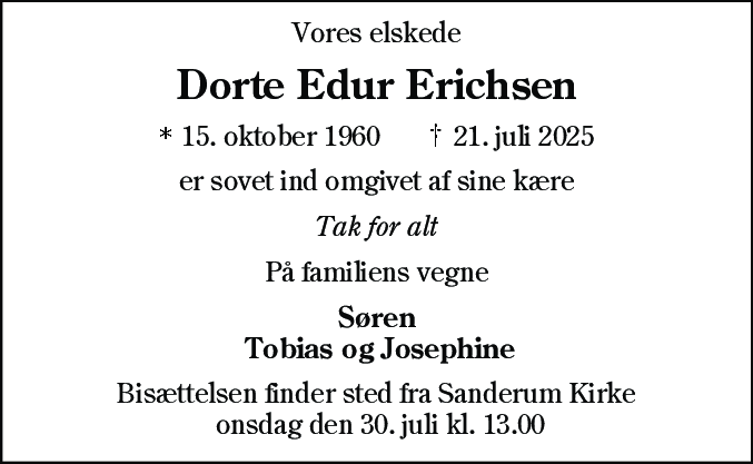 Dødsannonce for Dorte Edur Erichsen