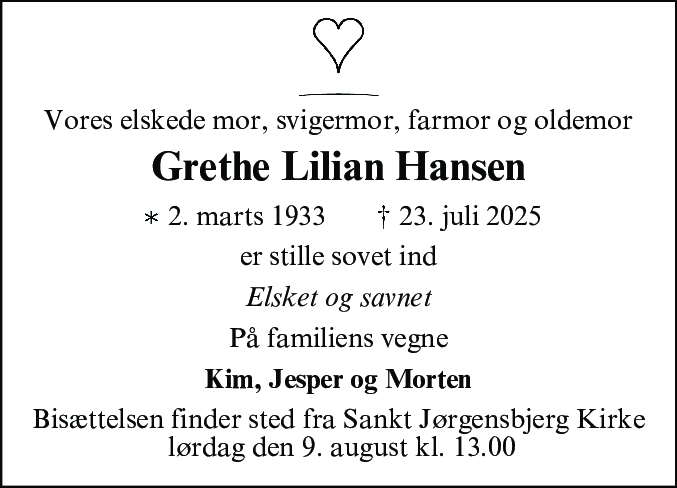 Dødsannonce for Grethe Lillian Hansen