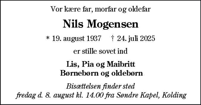 Dødsannonce for Nils Mogensen