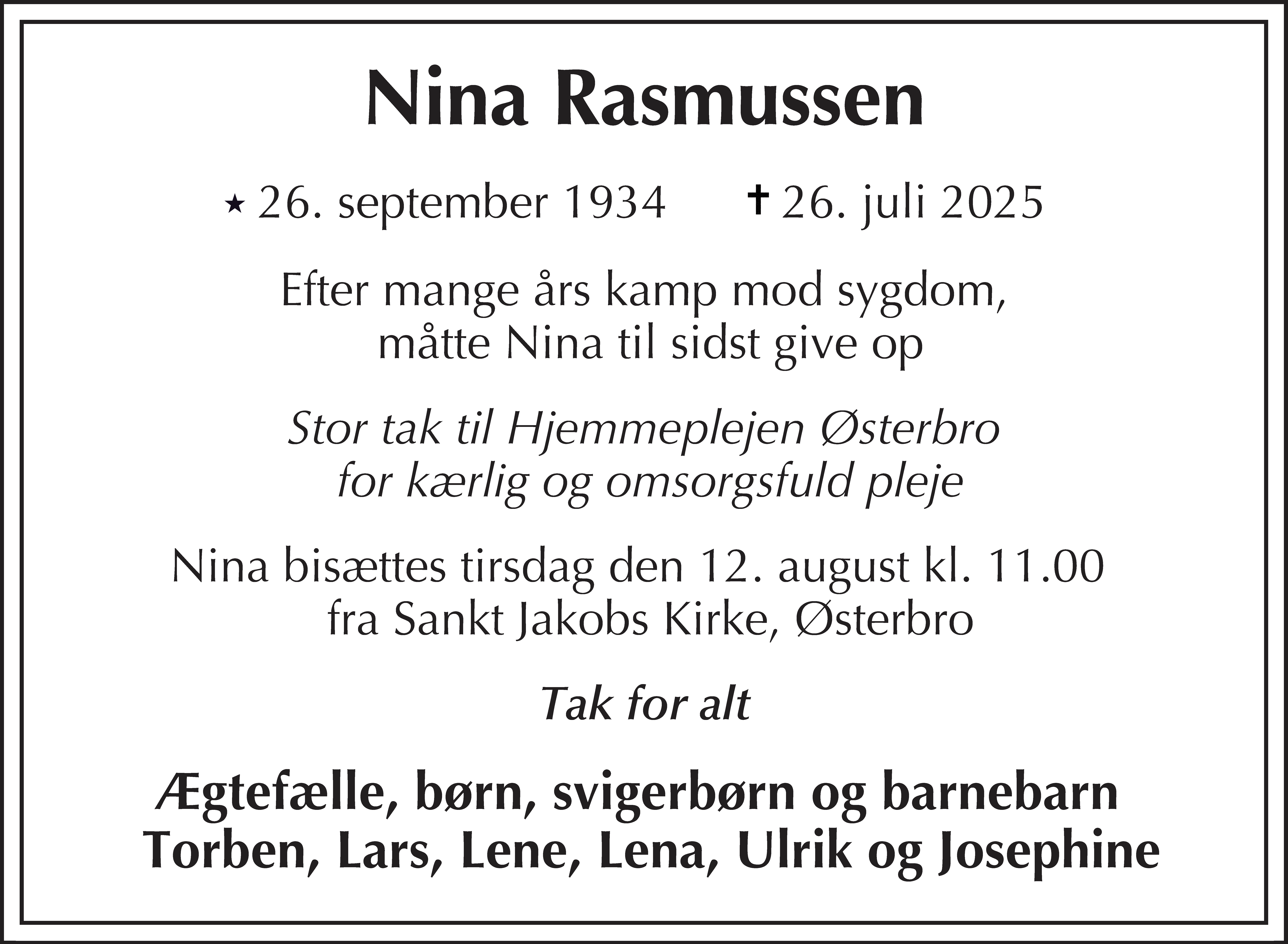 Dødsannonce for Nina Rasmussen