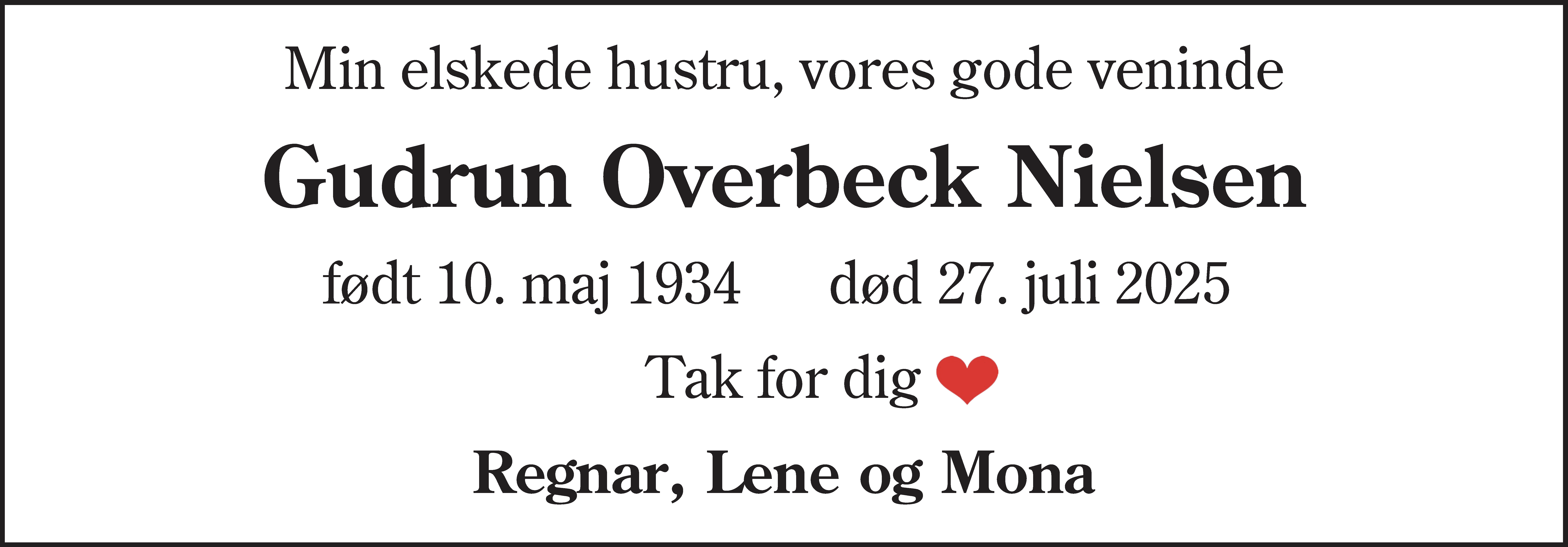 Dødsannonce for Gudrun Overbeck Nielsen
