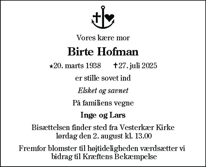 Dødsannonce for Birte Hofman