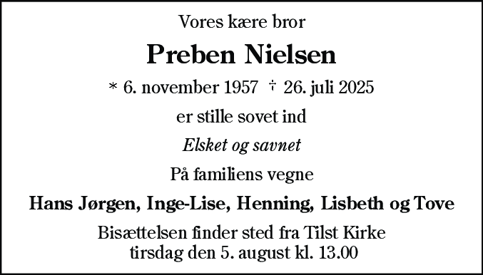 Dødsannonce for Preben Nielsen
