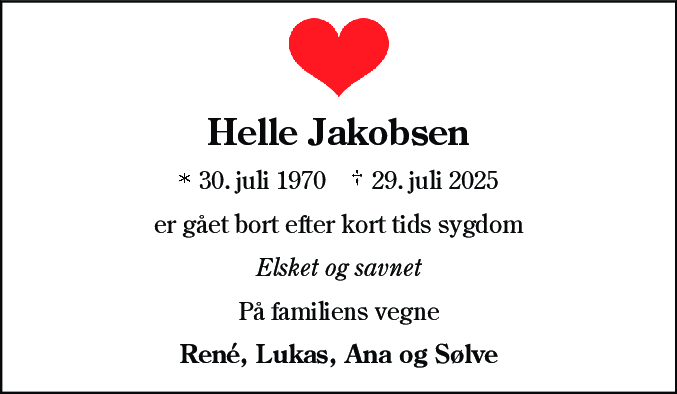 Dødsannonce for Helle Jakobsen