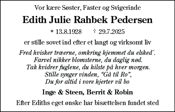 Dødsannonce for Edith Julie Rahbek Pedersen