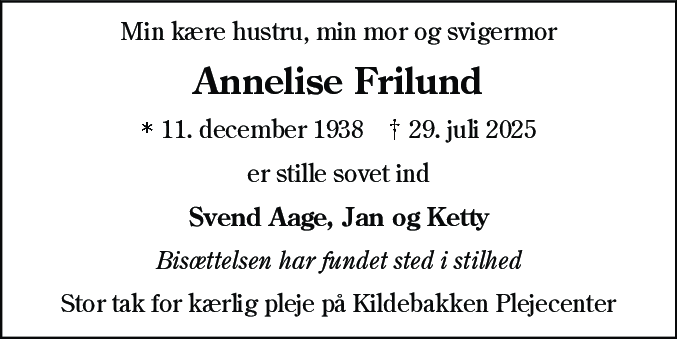 Dødsannonce for Annelise Frilund