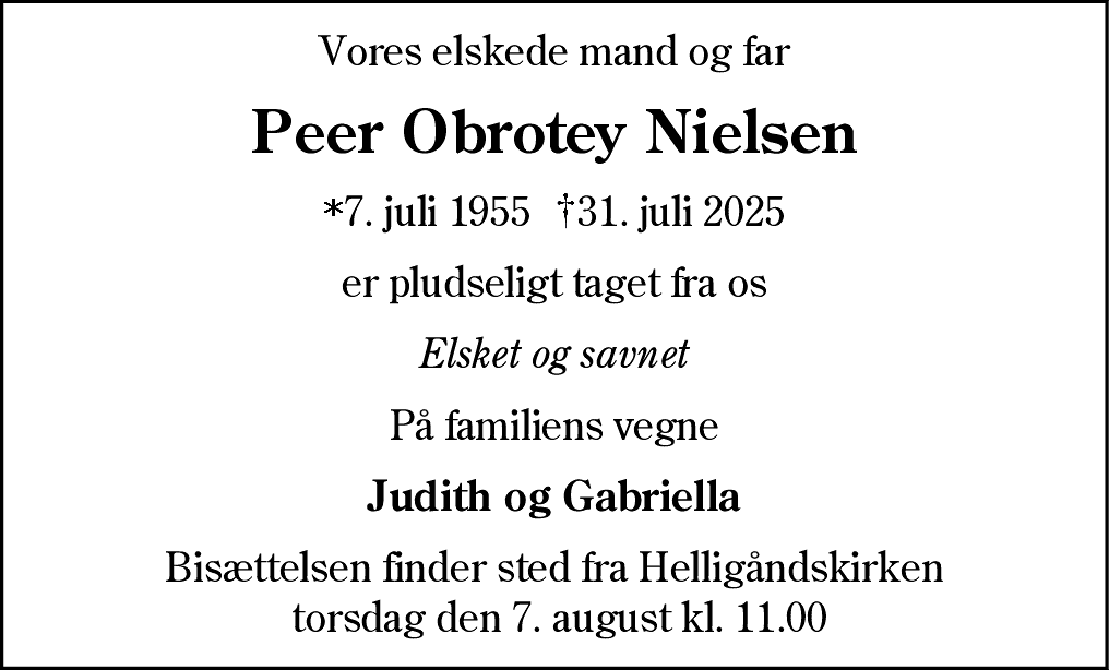 Dødsannonce for Peer Obrotey Nielsen