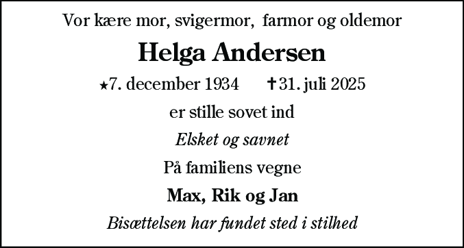 Dødsannonce for Helga Andersen