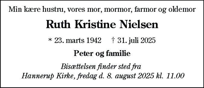 Dødsannonce for Ruth Kristine Nielsen