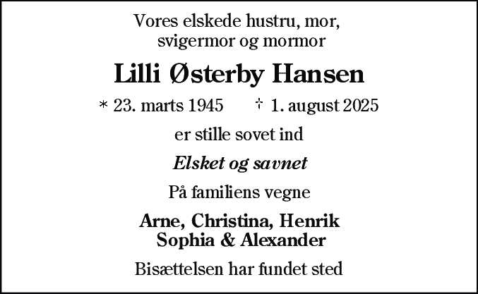 Dødsannonce for Lilli Østerby Hansen