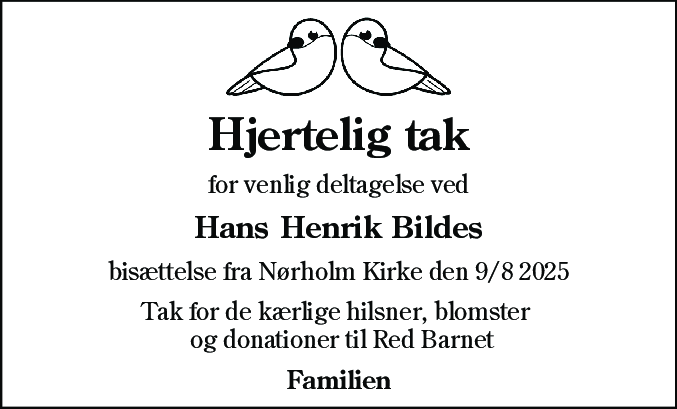 Dødsannonce for Hans Henrik Bilde