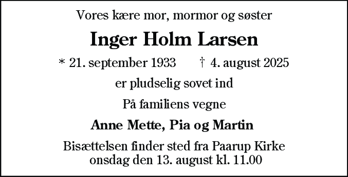 Dødsannonce for Inger Holm Larsen