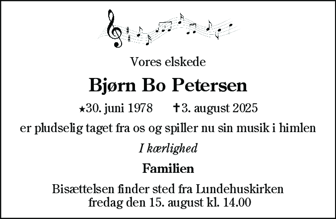 Dødsannonce for Bjørn Bo Petersen