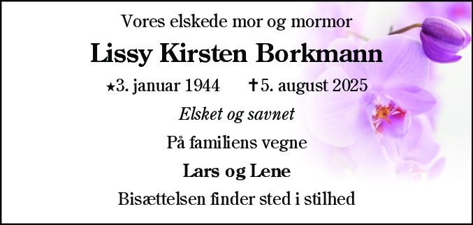Dødsannonce for Lissy Kirsten Borkmann